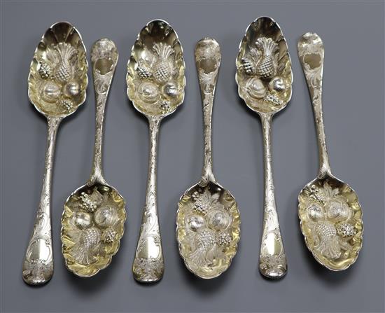 A set of six George II parcel gilt silver Old English pattern later decorated berry spoons, Ebenezer Coker, London 1746,